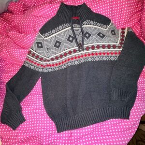 Izod Men's Black and Gray Quarter Zip Sweater, EUC